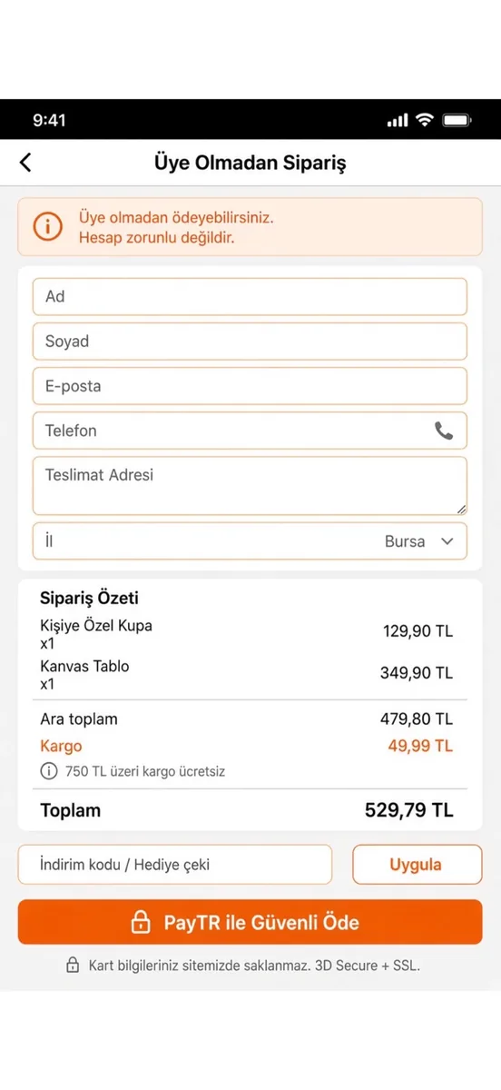 Üye olmadan PayTR ödeme